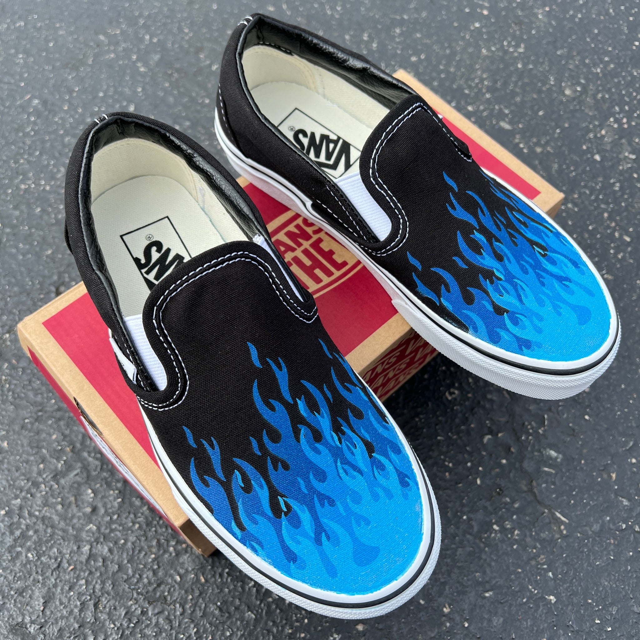 táctica caminar lantano Hot Blue Flame Shoes - Custom Vans Black Slip On Shoes – BlvdCustom