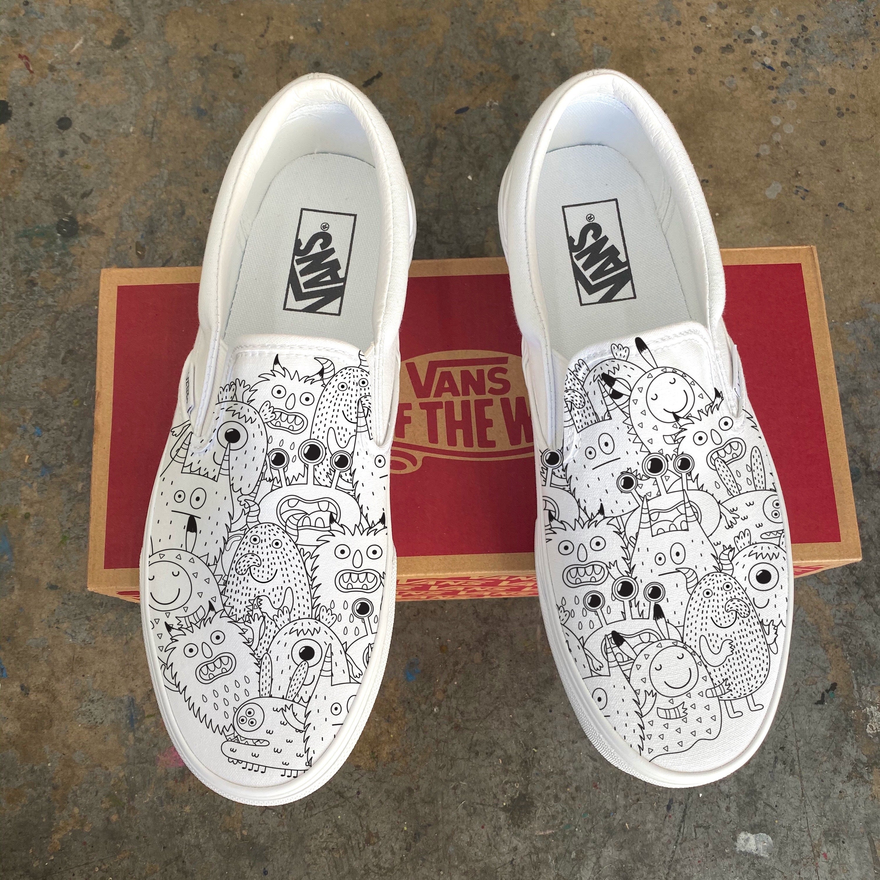 Friendly Sketch Costume Custom White Slip On Vans – BlvdCustom