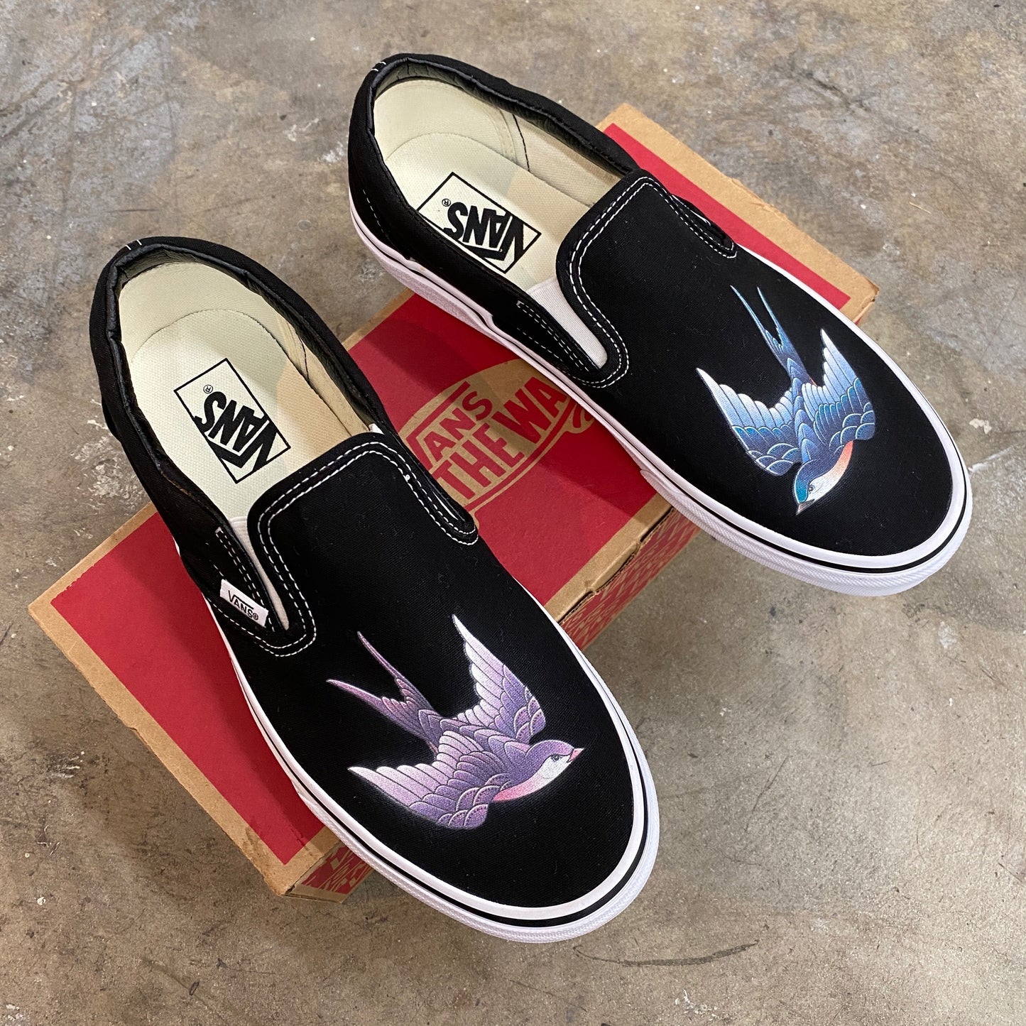 Purple And Blue Sparrow - Black Slip On Vans