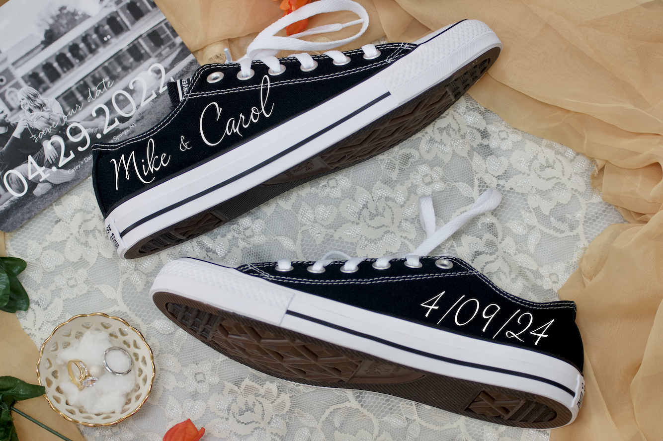 Custom Low Top Wedding Sneaker Bride Groom Date Black Custom Converse Shoes