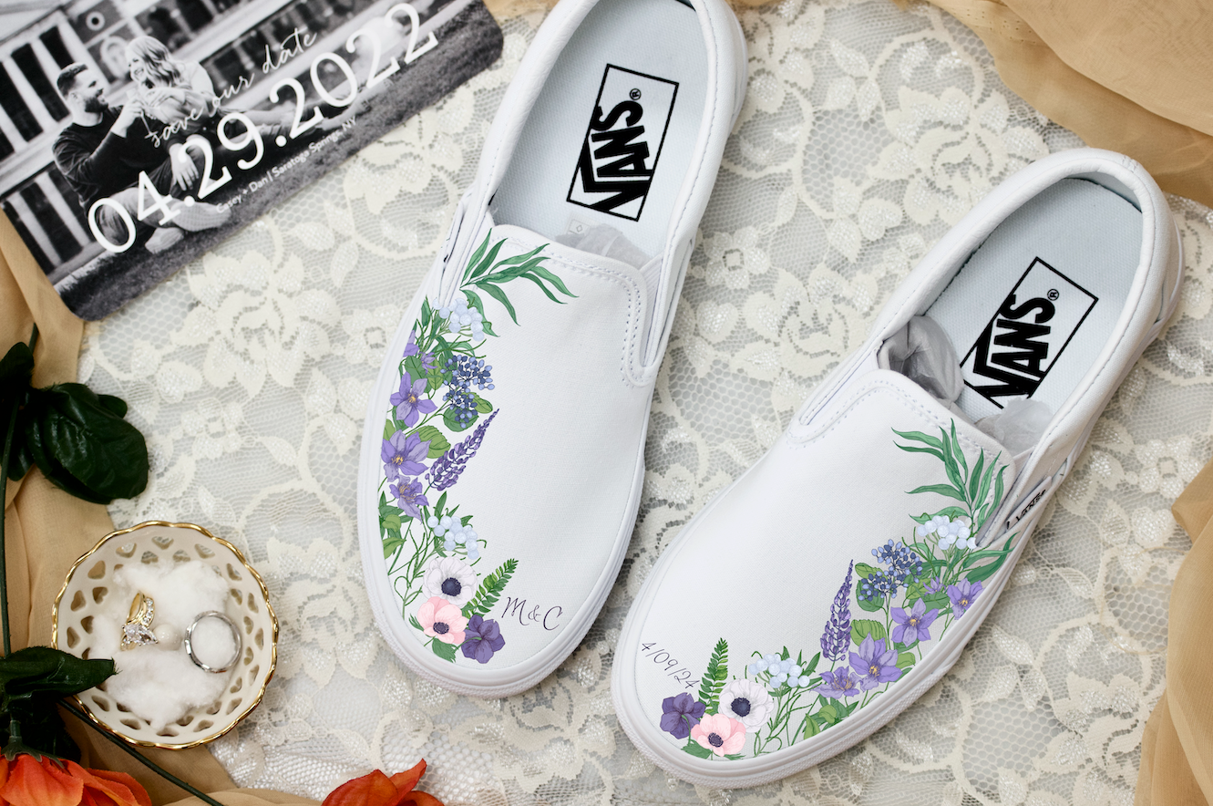 Purple Lavender Flower Wedding Custom Slip On Vans Bridal Shoes Wedding Sneakers Wedding Shoes for Bride Brides Maids Maid of Honor Floral White