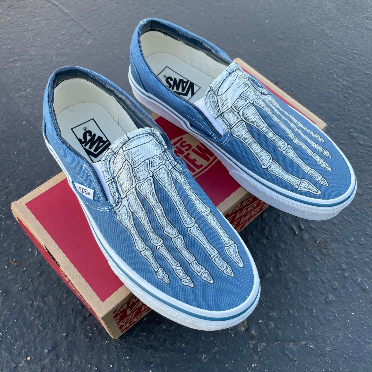 Custom Skeleton Feet X-Ray Navy Slip Ons - Custom Vans Shoes