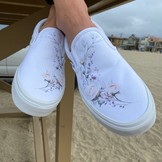 Pink & White Floral Wreath Slip-on Vans - Custom Vans