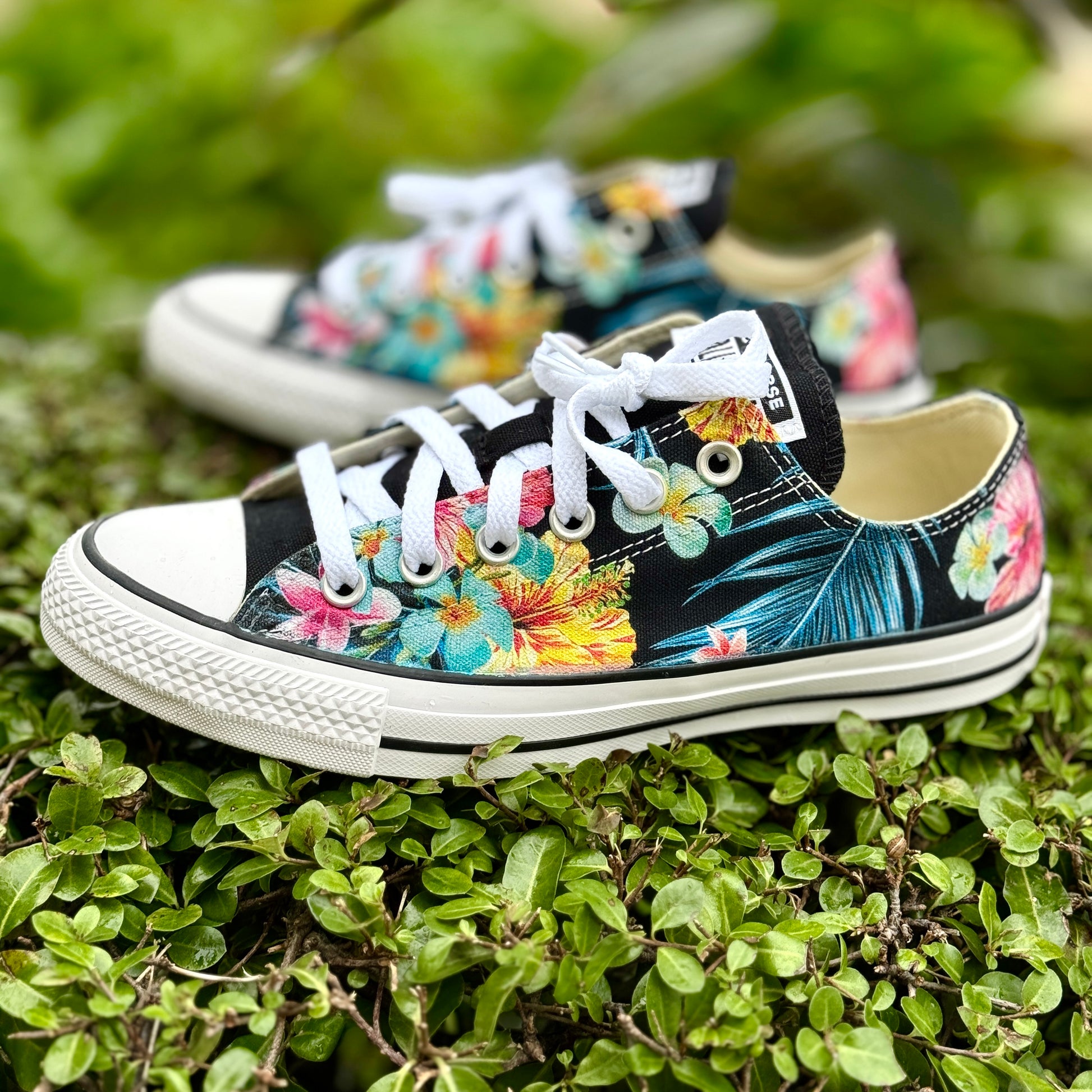 Tropical Floral Sneakers Custom Black Low Tops Hibiscus Flowers