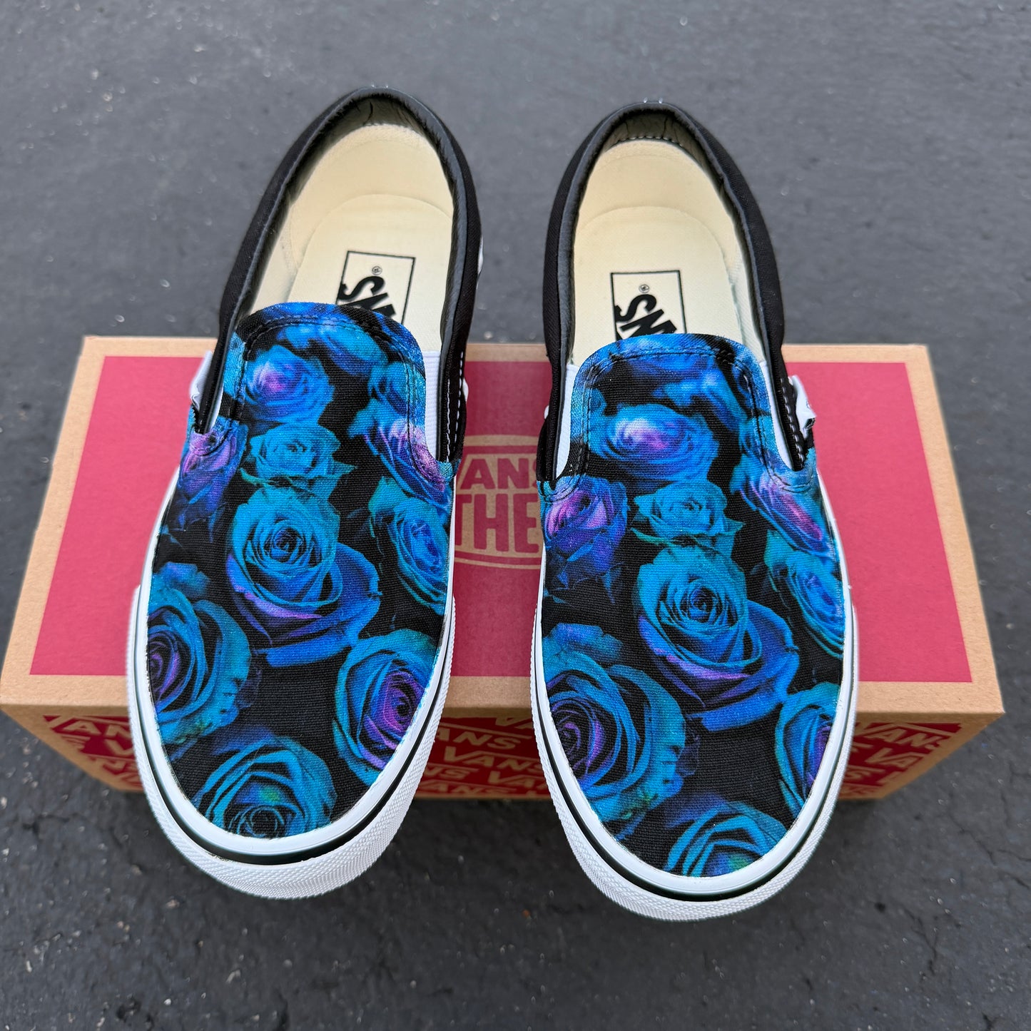 blue and purple roses on custom slip on Vans shoes