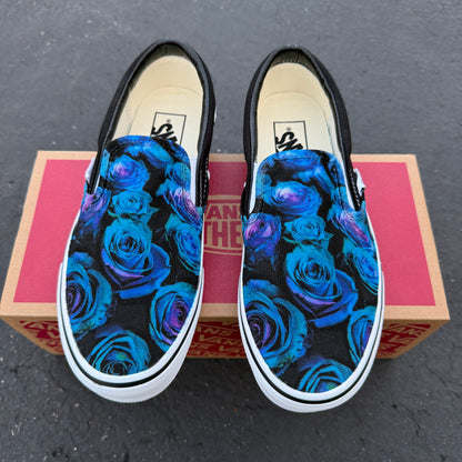 blue and purple roses on custom slip on Vans shoes