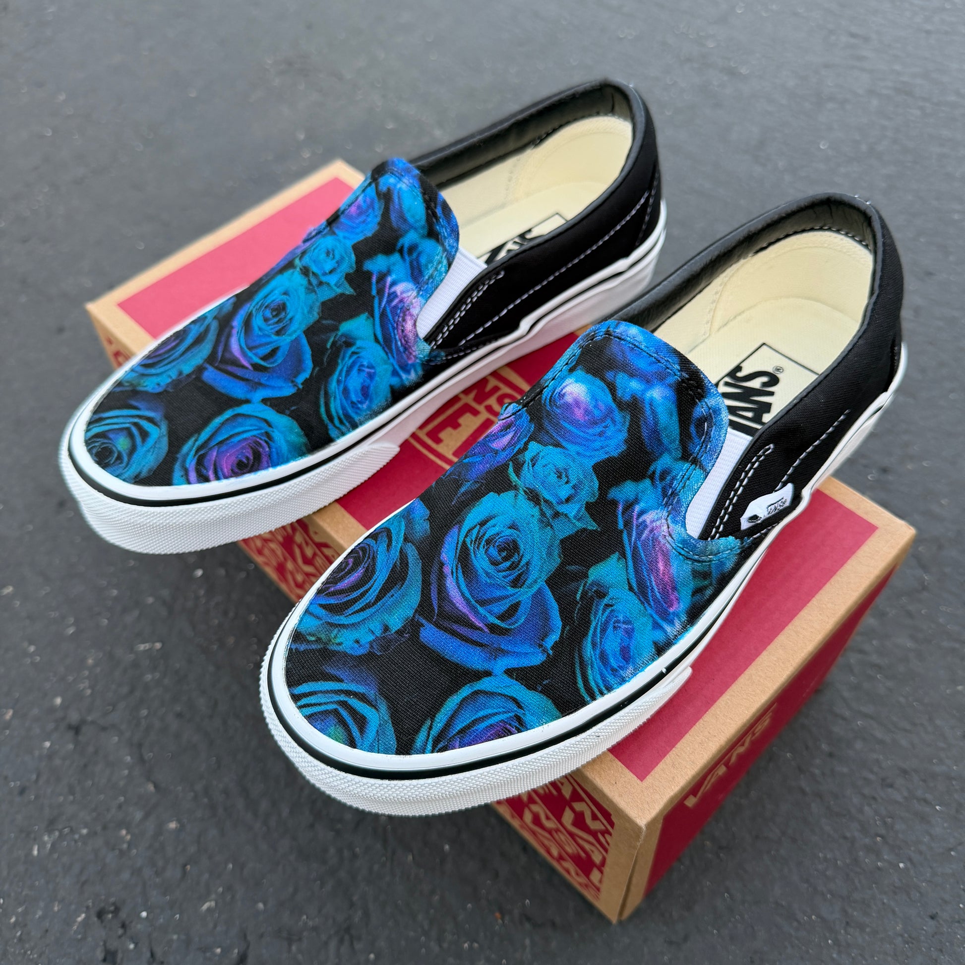blue and purple roses on custom slip on Vans shoes