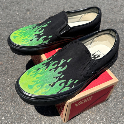 Hot Green Fire Flame Shoes - Custom Vans Black/Black Slip On Shoes