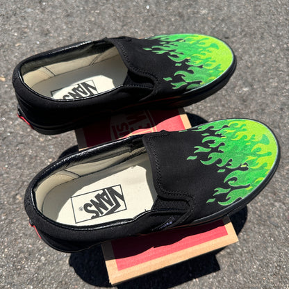 Hot Green Fire Flame Shoes - Custom Vans Black/Black Slip On Shoes