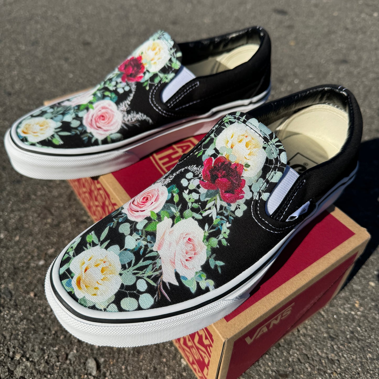 whimsical roses on black slip on Vans shoes custom