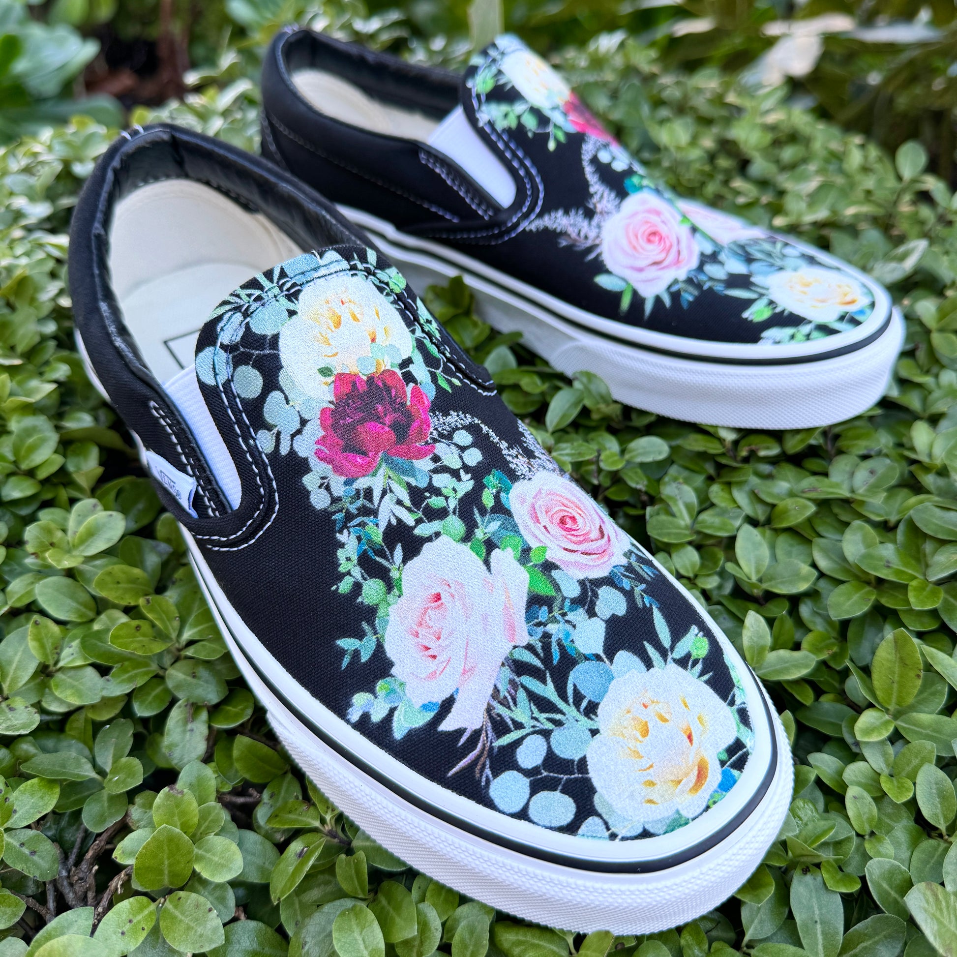 whimsical roses on black slip on Vans shoes custom
