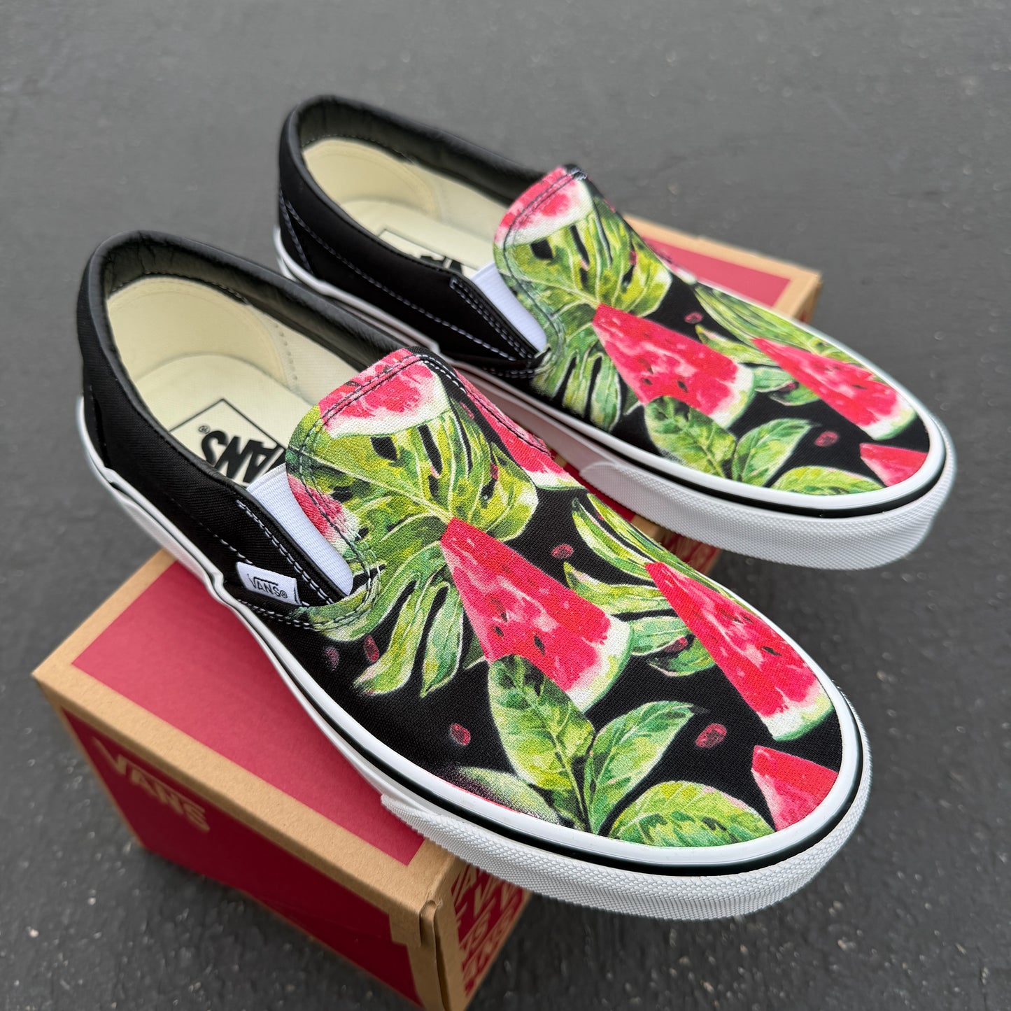 watermelon monstera plant pattern custom vans slip on shoes