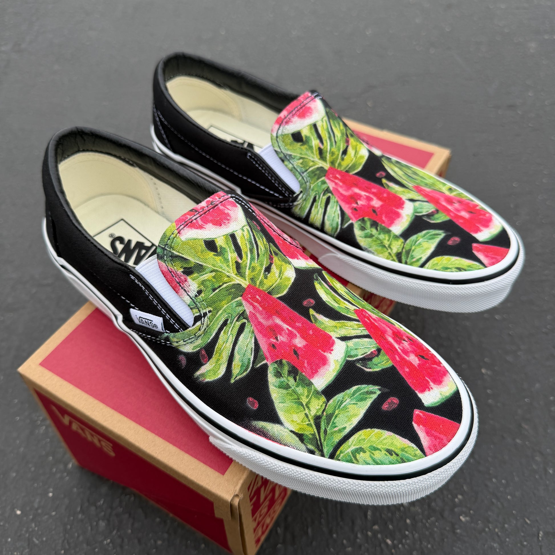 watermelon monstera plant pattern custom vans slip on shoes
