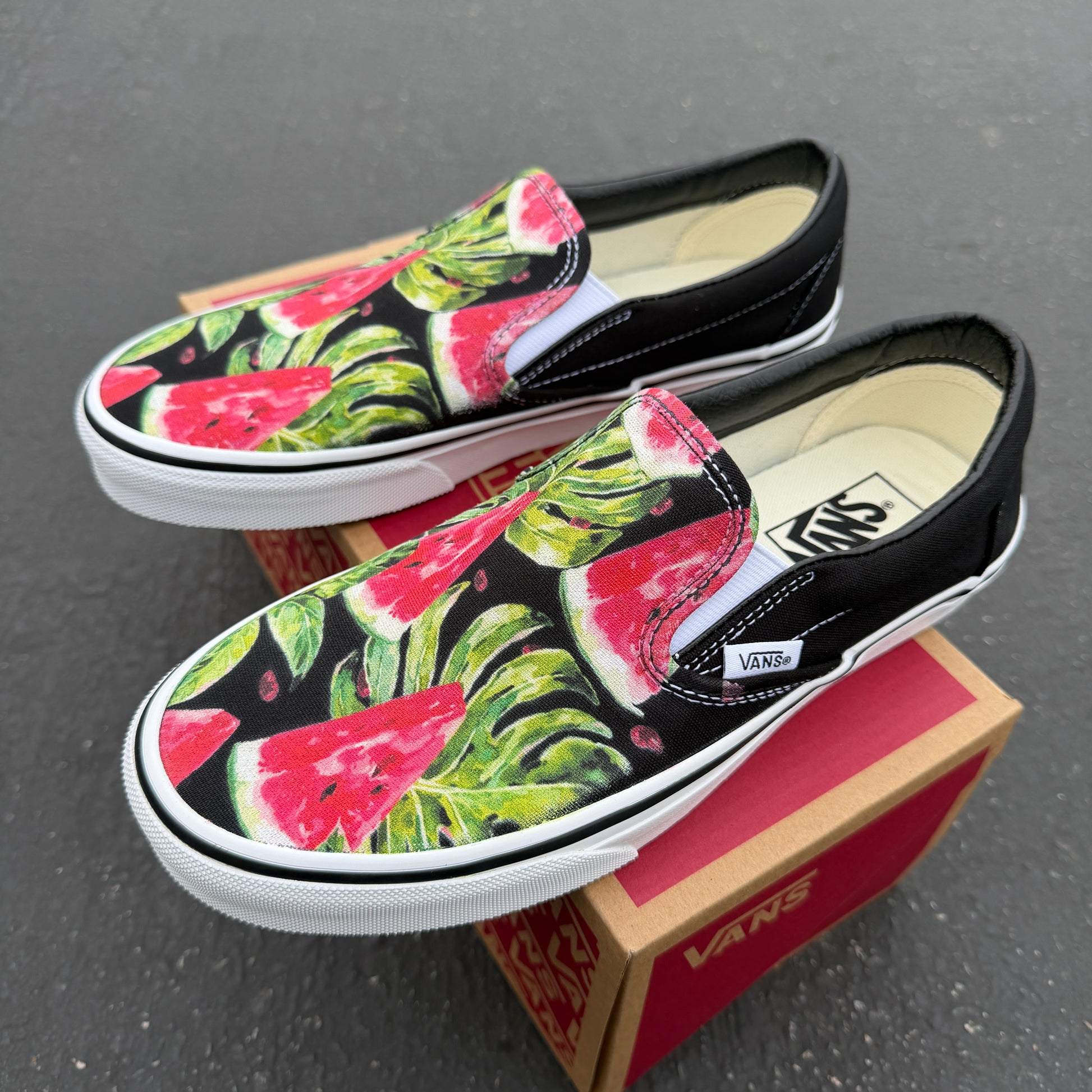watermelon monstera plant pattern custom vans slip on shoes