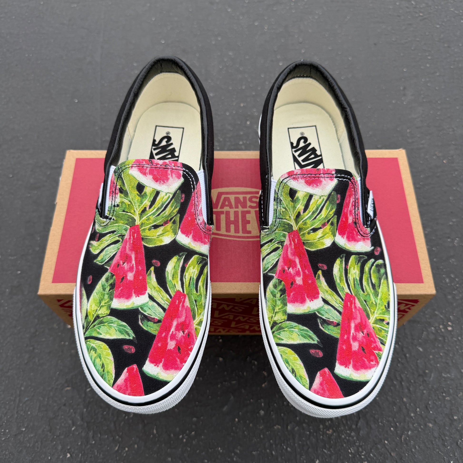 watermelon monstera plant pattern custom vans slip on shoes