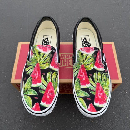 watermelon monstera plant pattern custom vans slip on shoes