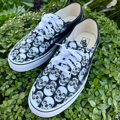 Multiple Skull Head Tile Print Spooky Black Vans Authentic Shoes