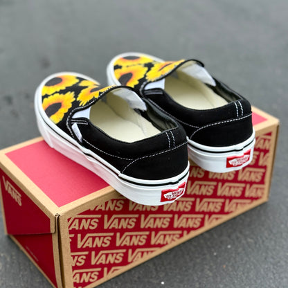 Sunflowers on Black Slip On Vans Shoes - Men's and Women's Custom Vans Sneakers