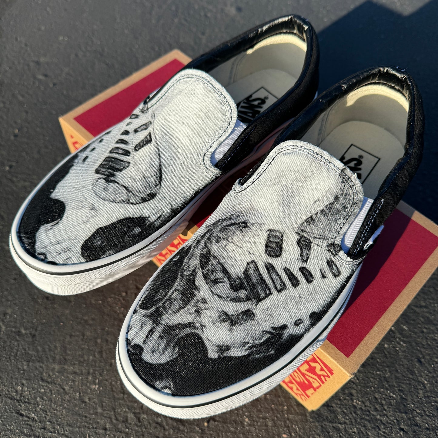 Butterfly and Skull Custom Vans Slip On Shoes - Black and White