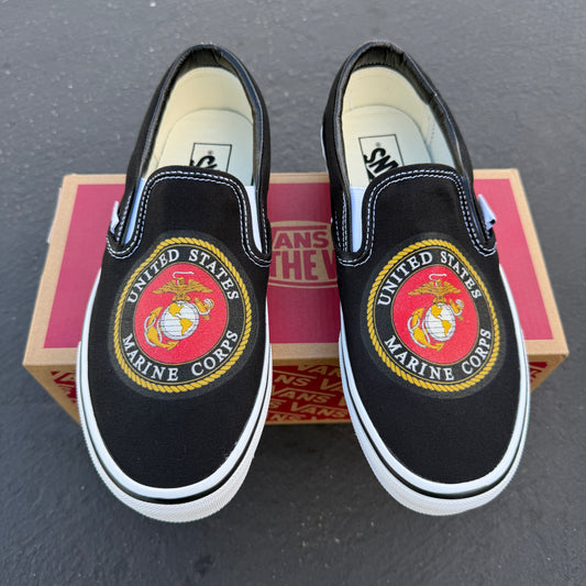 US Marines Black Vans Slip On Shoes - Custom Vans Shoes for Men and Women