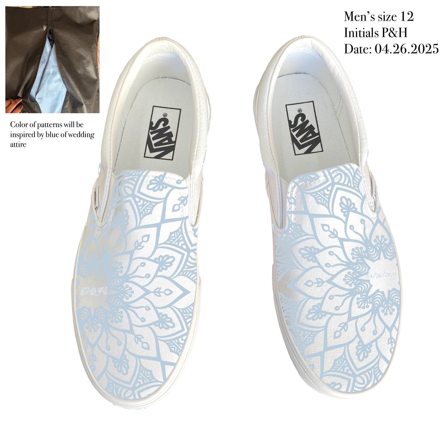 Men's size 12 White Slip On Vans Custom Wedding Shoes Custom Order