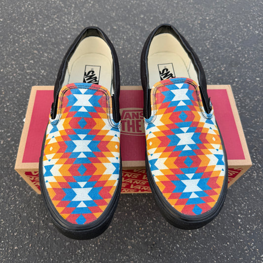 Southwestern Inspired Pattern on all black slip on Vans Shoes