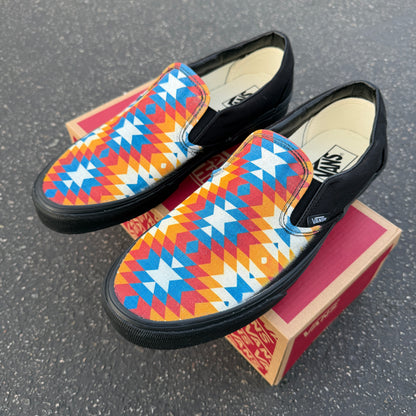 Southwestern Inspired Pattern on all black slip on Vans Shoes