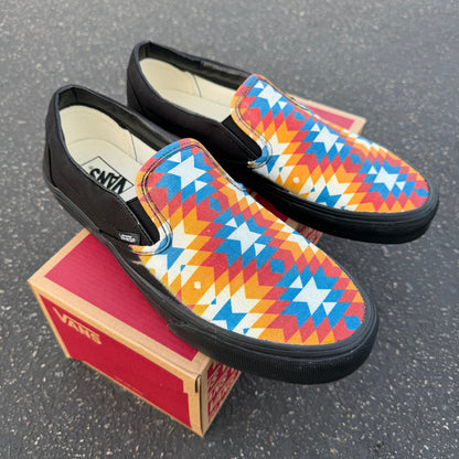 Southwestern Inspired Pattern on all black slip on Vans Shoes