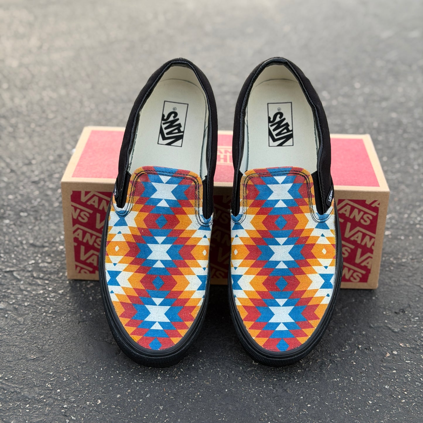 Southwestern Inspired Pattern on all black slip on Vans Shoes