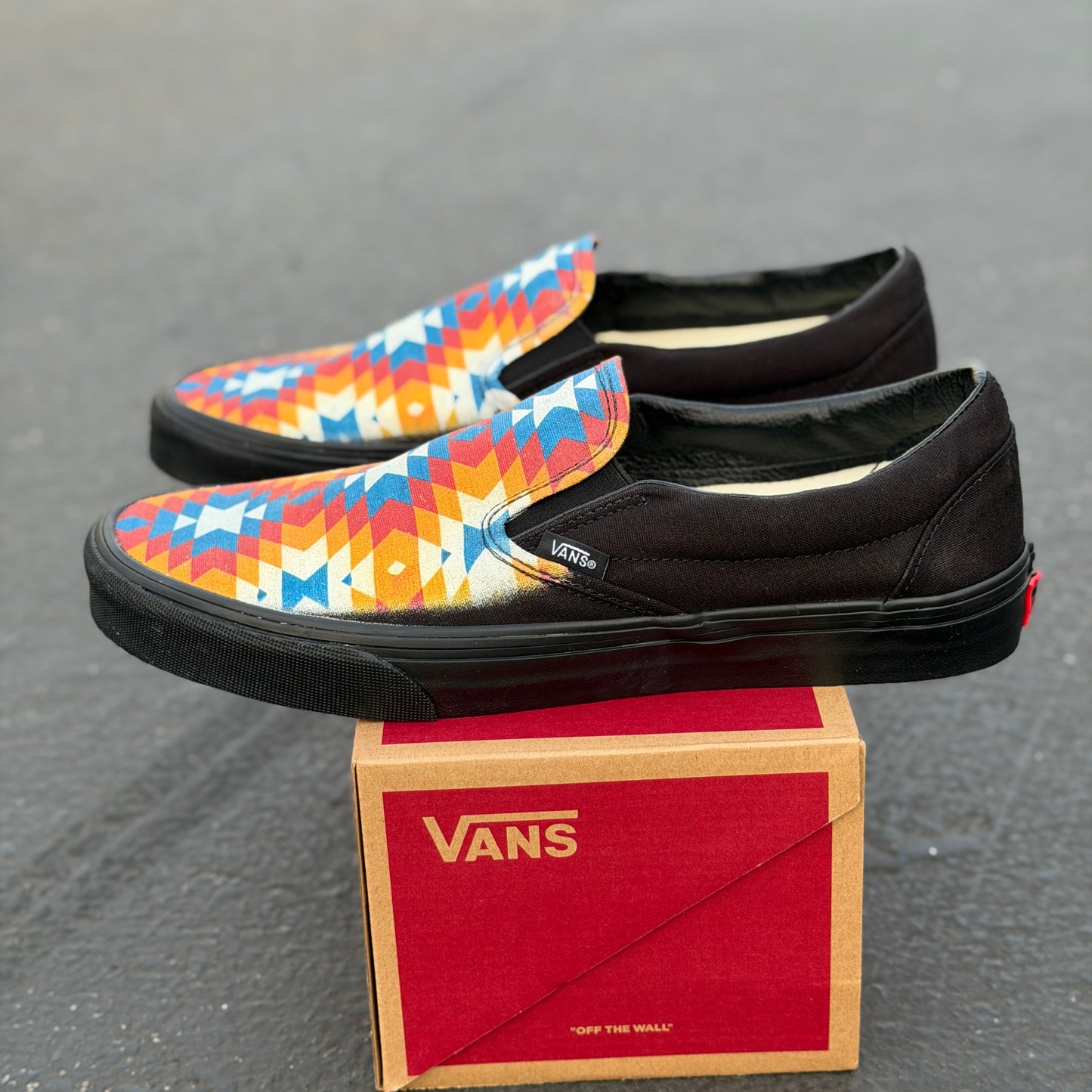 Southwestern Inspired Pattern on all black slip on Vans Shoes