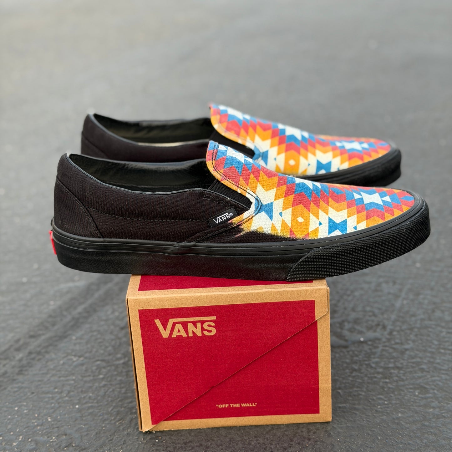 Southwestern Inspired Pattern on all black slip on Vans Shoes