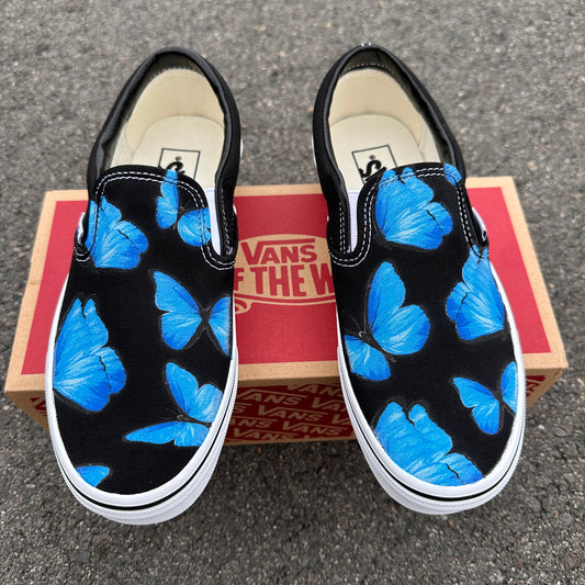 Blue Butterfly - Black Slip Ons - Custom Vans Shoes