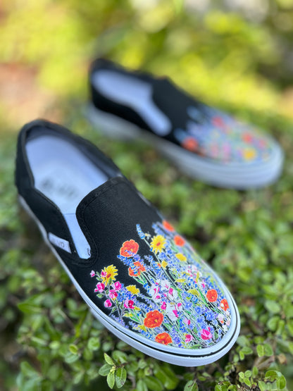 Black Slip On Shoes with Bohemian Inspired Wild Flowers on BLVD Original Slip On Shoes for Men and Women