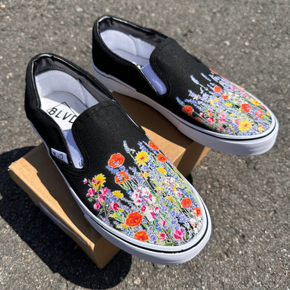 Black Slip On Shoes with Bohemian Inspired Wild Flowers on BLVD Original Slip On Shoes for Men and Women