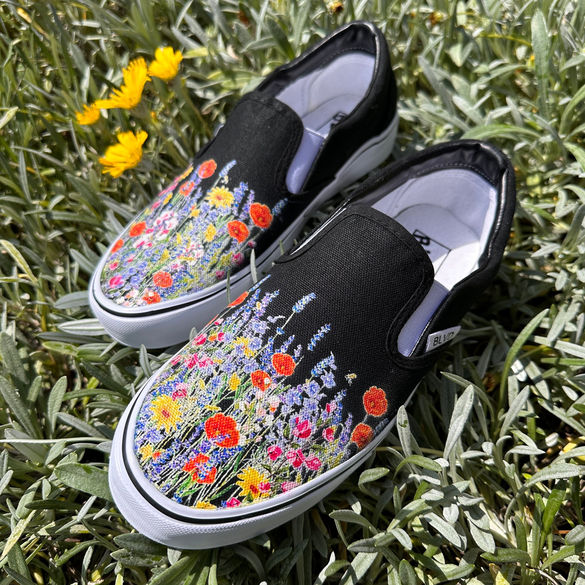 Black Slip On Shoes with Bohemian Inspired Wild Flowers on BLVD