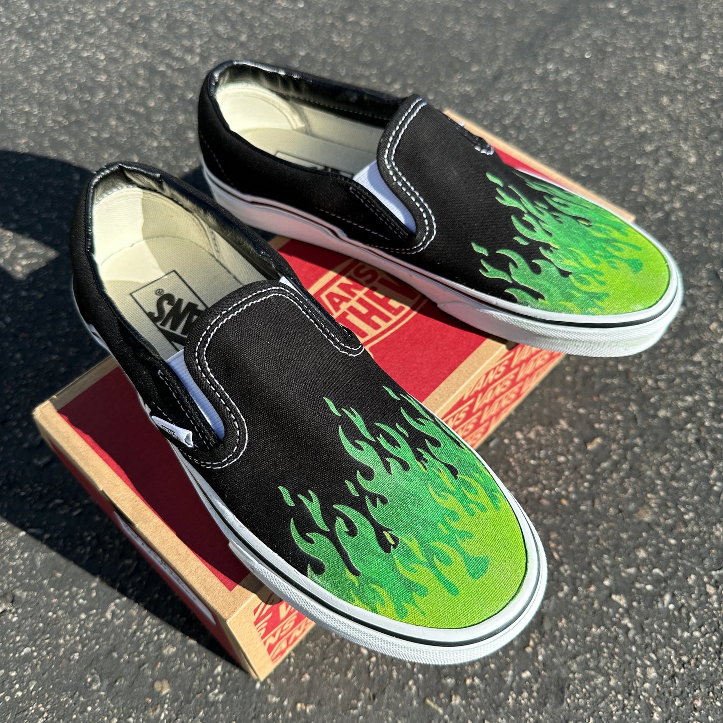 Hot Green Flame Shoes - Custom Vans Black Slip On Shoes