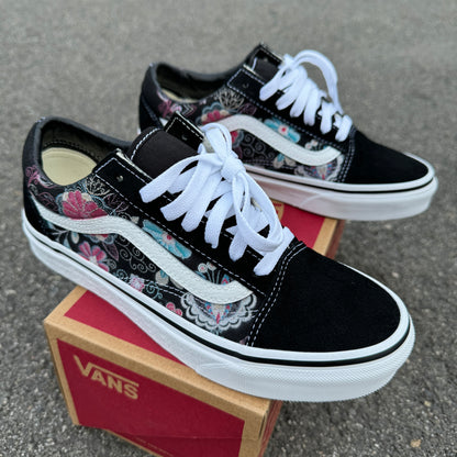 Embroidery Inspired Black Vans Old Skool Shoes Custom Vans Shoes