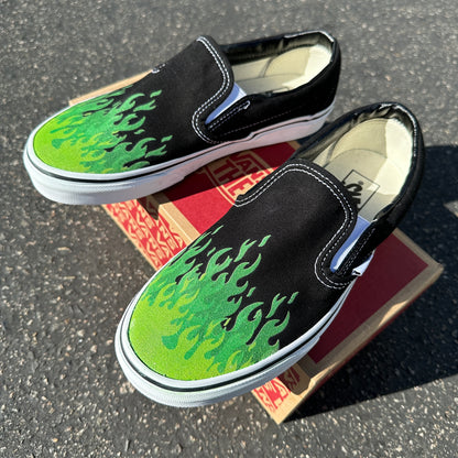 Hot Green Flame Shoes - Custom Vans Black Slip On Shoes
