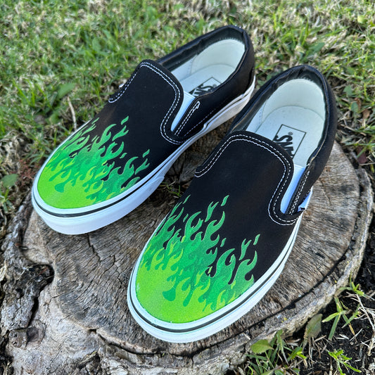 Hot Green Flame Shoes - Custom Vans Black Slip On Shoes