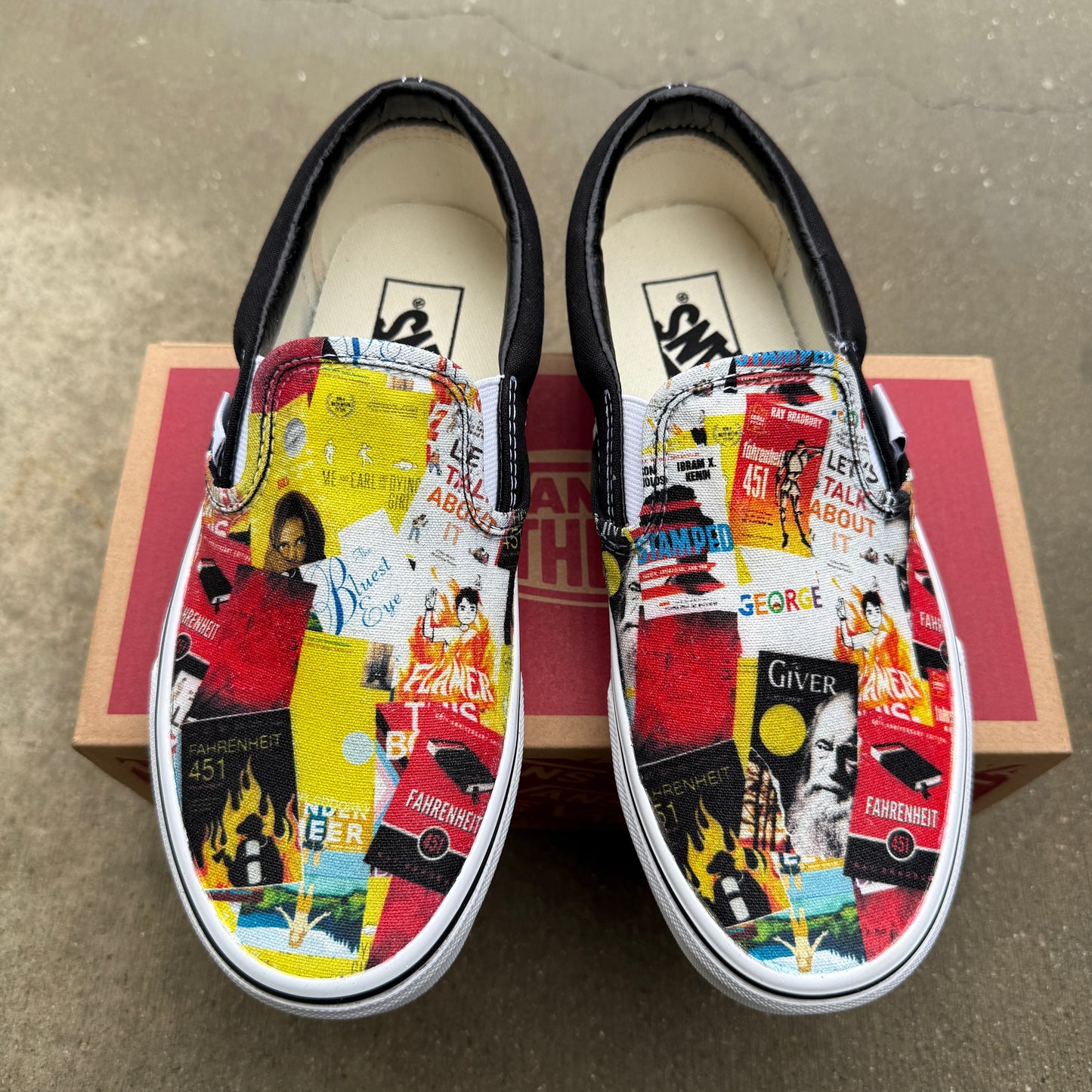 banned books custom vans slip on shoes