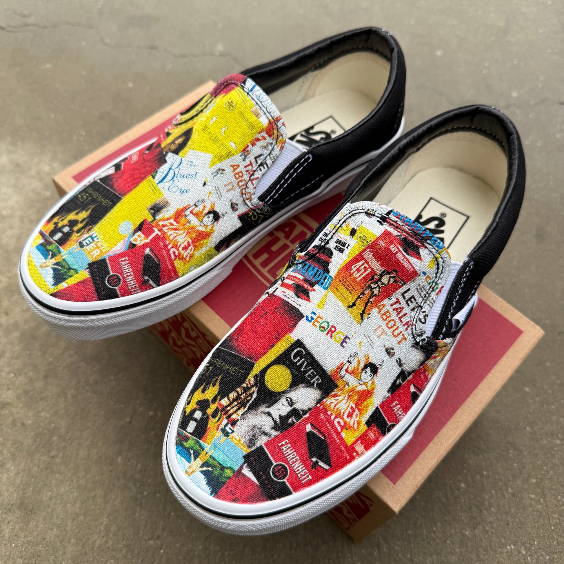 banned books custom vans slip on shoes
