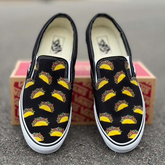 Pizza Slices on Custom Black Slip On Vans Shoes for Women and Men