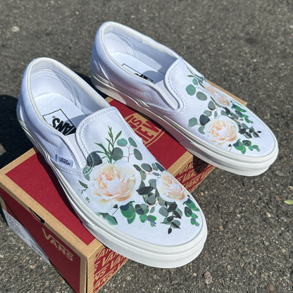Wedding Roses on Custom White Slip On Vans Shoes for Women and Men