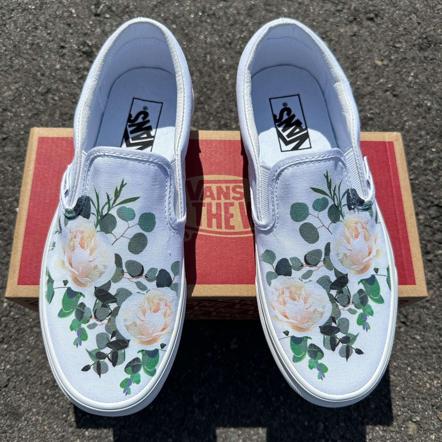 Wedding Roses on Custom White Slip On Vans Shoes for Women and Men