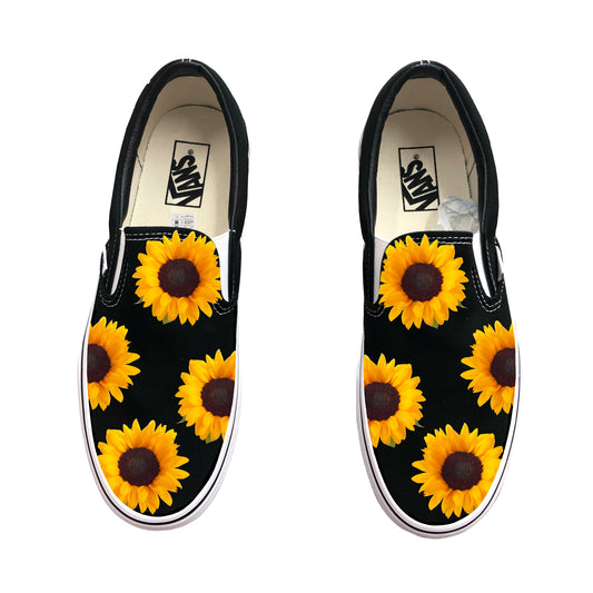 Sunflowers on Black Slip On Vans Shoes - Men's and Women's Custom Vans Sneakers