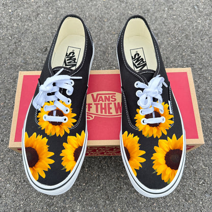 Sunflowers on Black Vans Authentic Shoes - Men's and Women's Custom Vans Sneakers