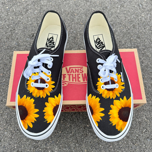 Sunflowers on Black Vans Authentic Shoes - Men's and Women's Custom Vans Sneakers