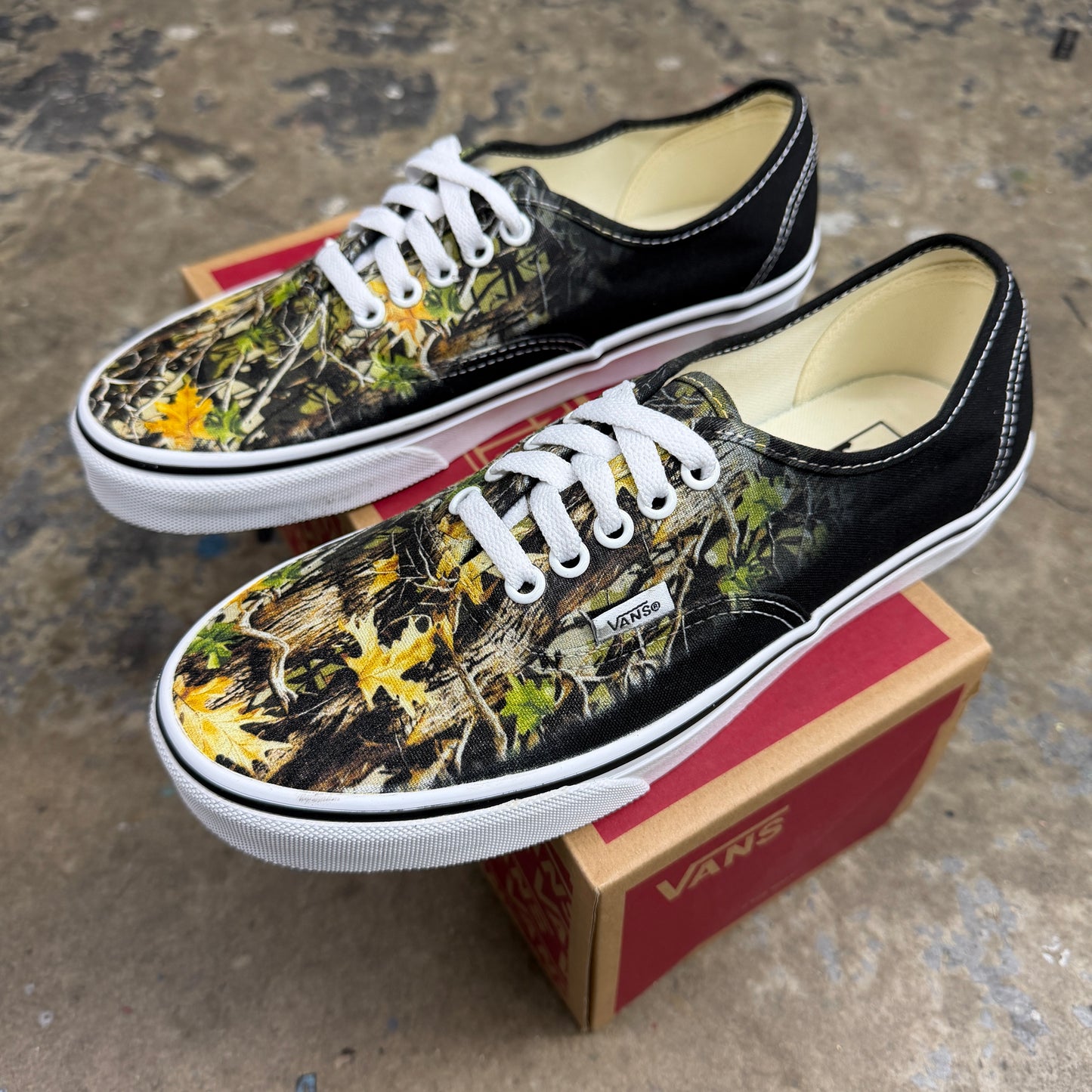 Realtree Camo Pattern on Black Vans Authentic Shoes Custom Camouflage Design