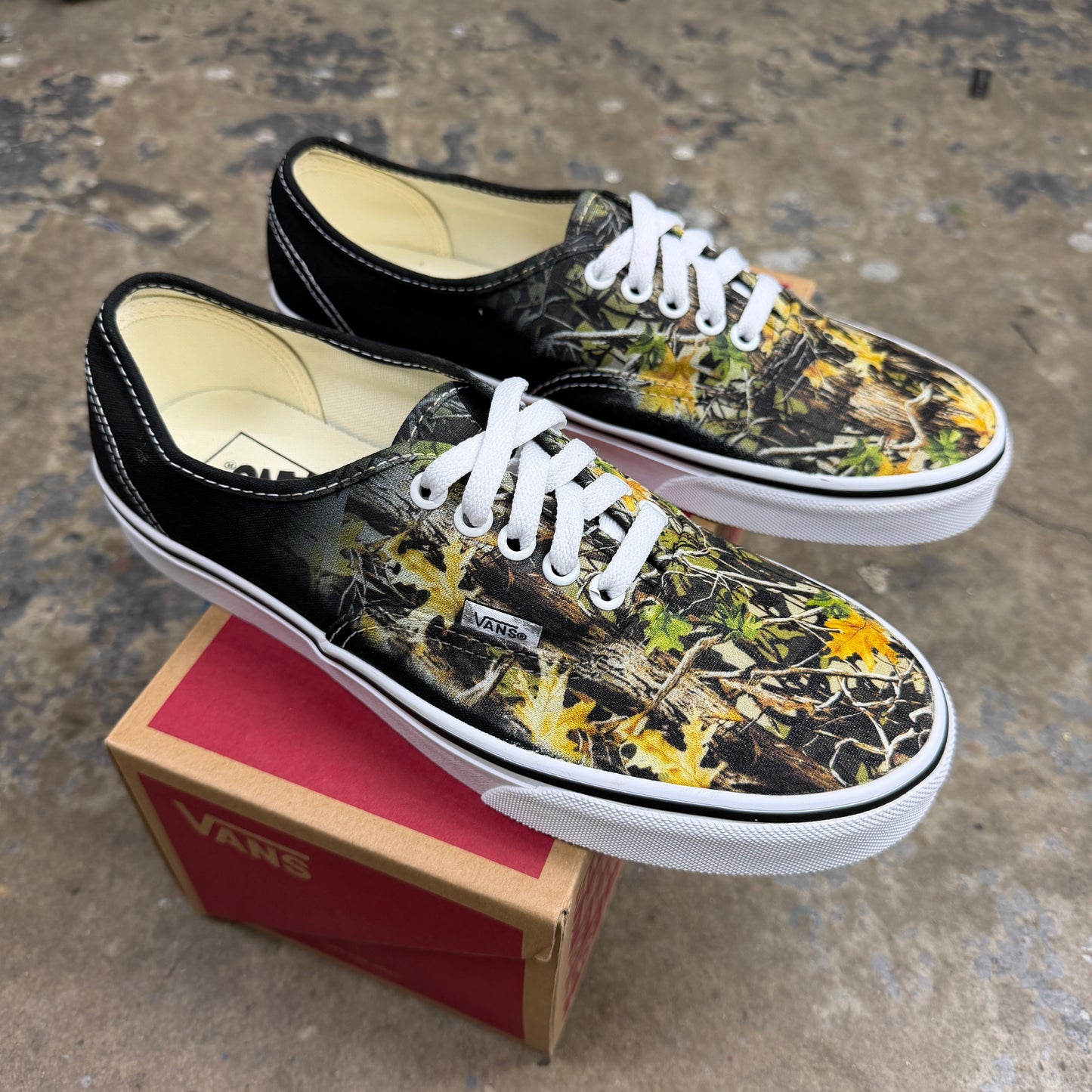 Realtree Camo Pattern on Black Vans Authentic Shoes Custom Camouflage Design