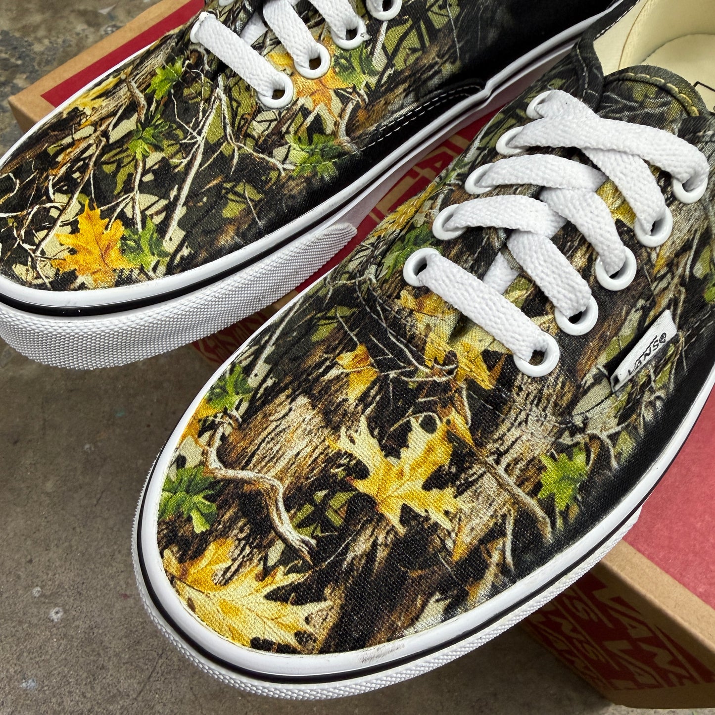 Realtree Camo Pattern on Black Vans Authentic Shoes Custom Camouflage Design